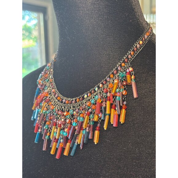 Colorful Beaded Fringe Necklace With Multicolor Glass Tube Beads & Festive Chain - Picture 9 of 9